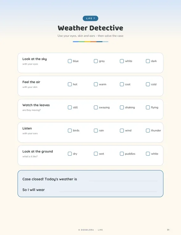 A Weather Detective checklist page asking children to look at the sky, feel the air, watch the leaves, listen and look at the ground, with four boxes to tick for each