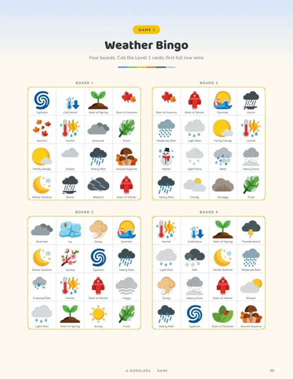 Four weather bingo boards, each a four-by-four grid of weather pictures with English labels such as typhoon, frost, light snow and start of spring