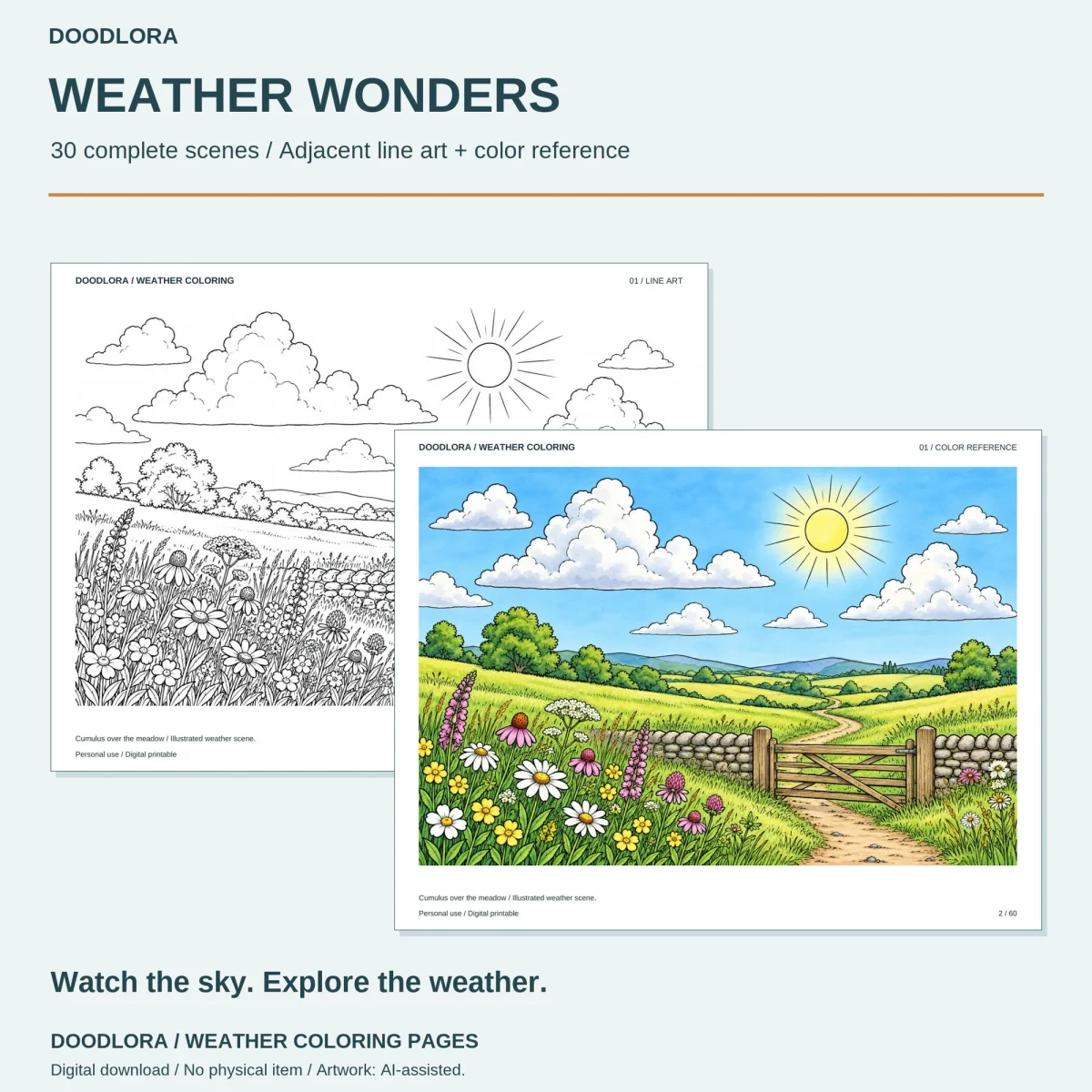 Design 01, puffy cumulus clouds and a sun over a wildflower meadow with a stone wall and gate, in outline and in color