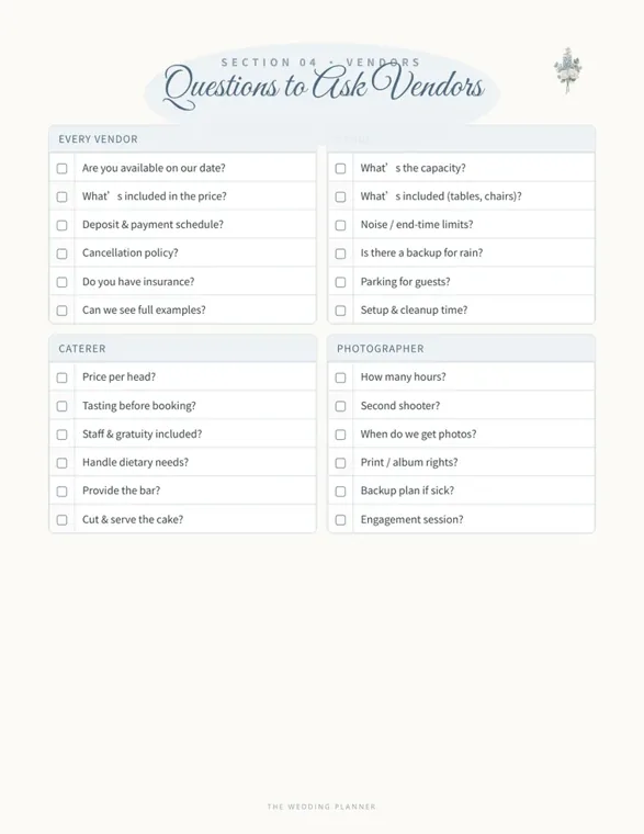 Blue-headed page of tick-box questions in four boxes: for every vendor, the venue, the caterer and the photographer