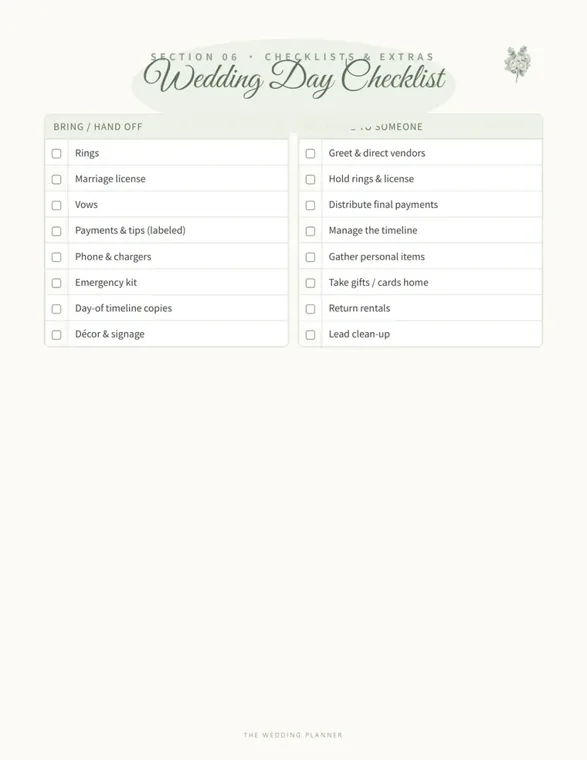 Green-headed wedding day checklist with two columns: things to bring or hand off, and jobs to delegate such as returning rentals