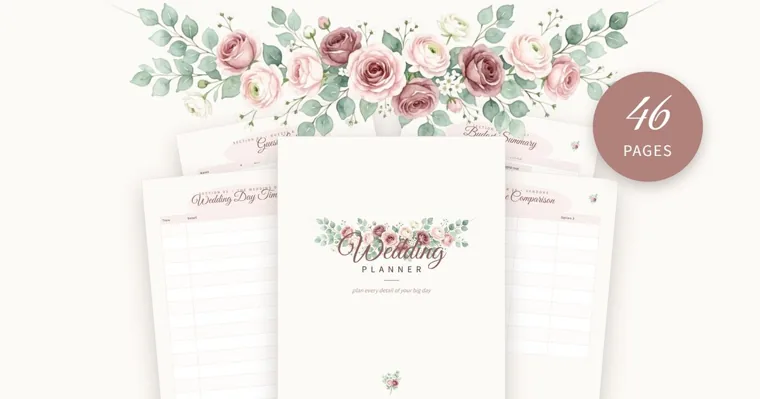 A garland of pink and burgundy roses with eucalyptus above fanned wedding planner pages, the cover in front and a 46 pages badge on the right