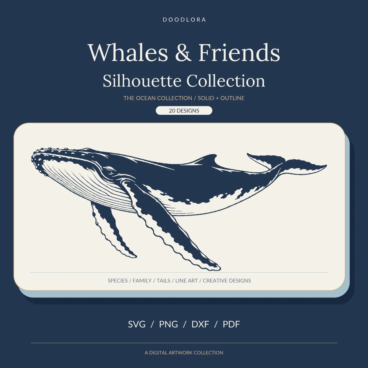 A navy humpback whale with pale throat grooves and long scalloped flippers, below the title Whales and Friends Silhouette Collection, 20 designs in SVG, PNG, DXF and PDF