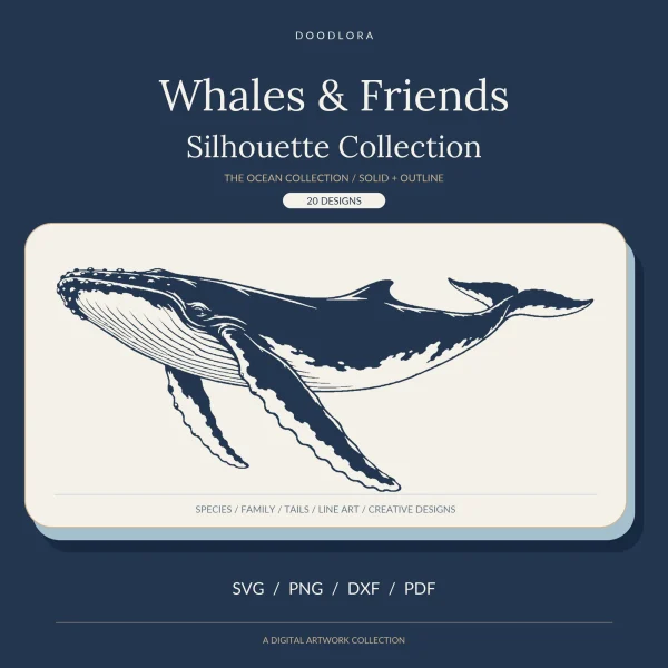 A navy humpback whale with pale throat grooves and long scalloped flippers, below the title Whales and Friends Silhouette Collection, 20 designs in SVG, PNG, DXF and PDF