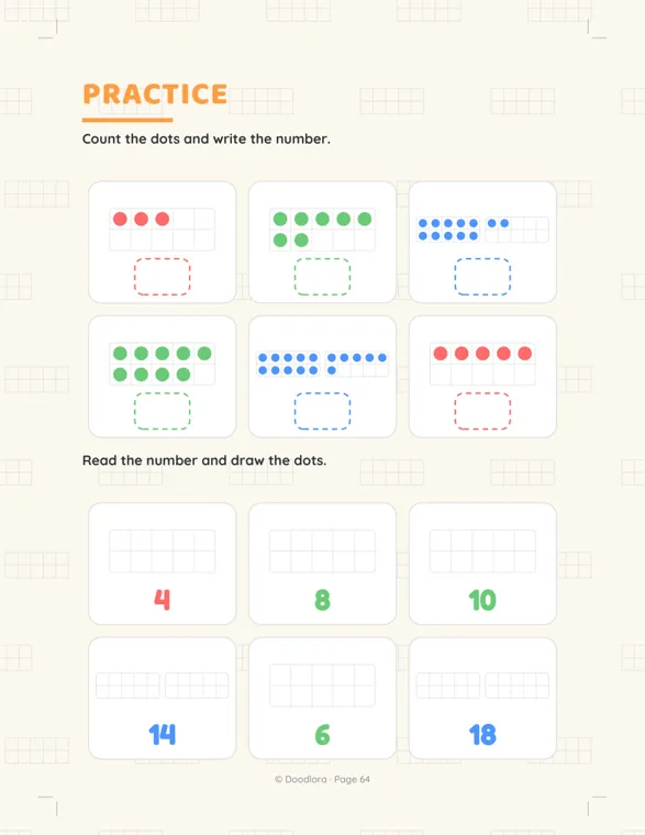 Practice page with six filled frames to count at the top and six empty frames to fill for 4, 8, 10, 14, 6 and 18 at the bottom