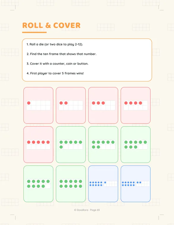 Roll and Cover page listing four rules, with twelve frames below showing 1 to 12 in red, green and blue
