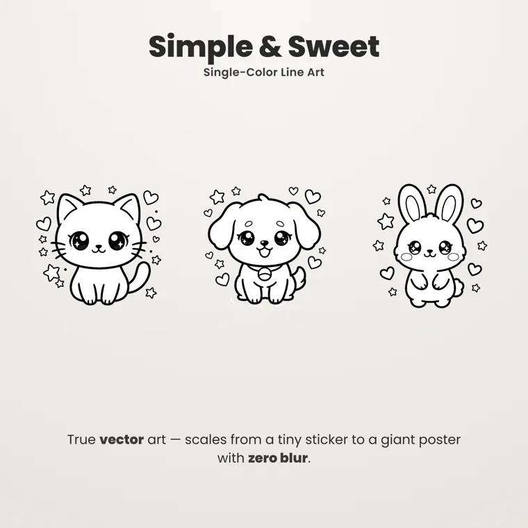 A kitten, a puppy and a bunny drawn as black outlines with big sparkly eyes, surrounded by small stars and hearts, under the words Simple and Sweet