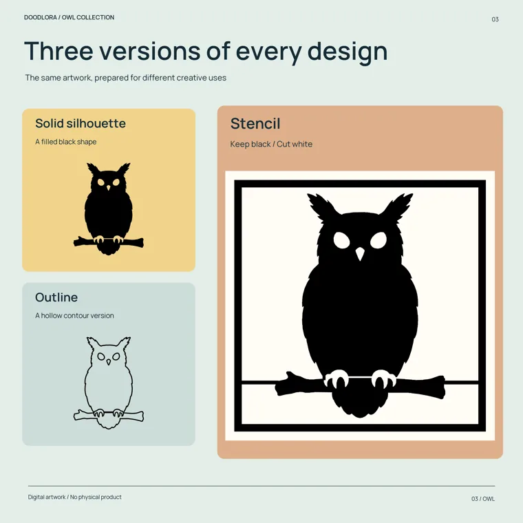 A horned owl on a branch shown three ways: a filled black silhouette, a hollow outline, and a large version inside a square stencil frame labeled Keep black, Cut white