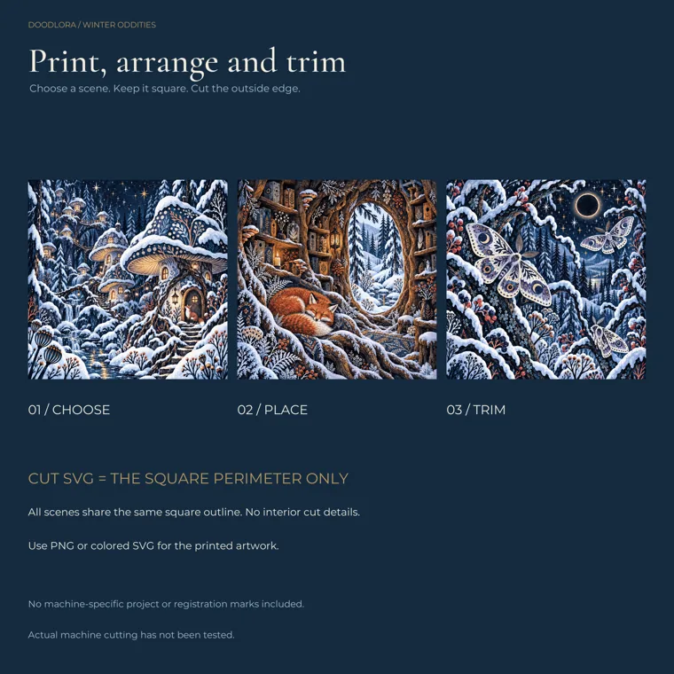 Three square winter forest scenes labeled Choose, Place and Trim, above a note that the cut SVG is the square perimeter only