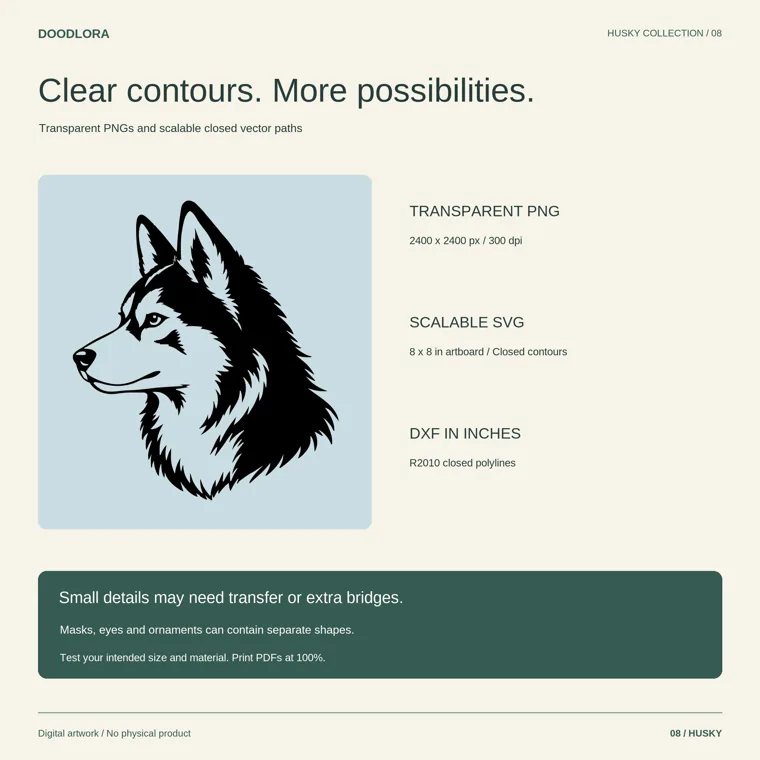 A husky head in side profile next to notes on transparent PNG, scalable SVG and DXF in inches, with a box saying masks, eyes and ornaments can be separate shapes