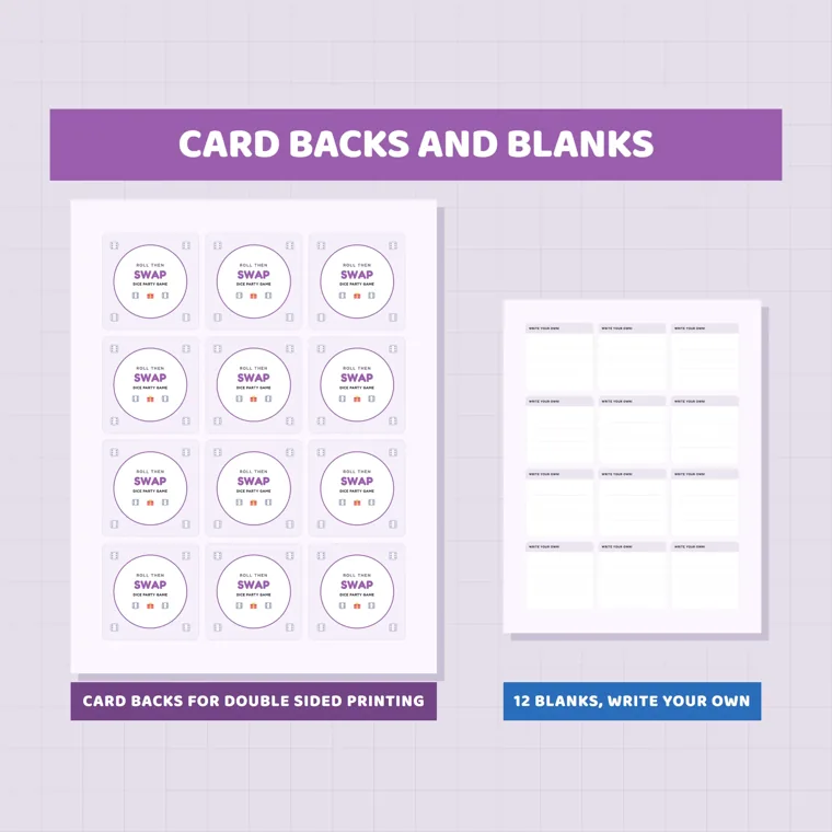 Two Roll and Swap sheets showing twelve printed card backs beside twelve lined Write Your Own blank cards