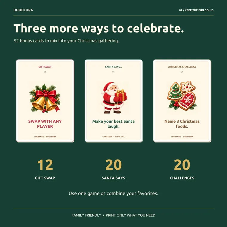 Green Christmas Gift Pass display with a Gift Swap card, a Santa Says card and a Christmas Challenge card