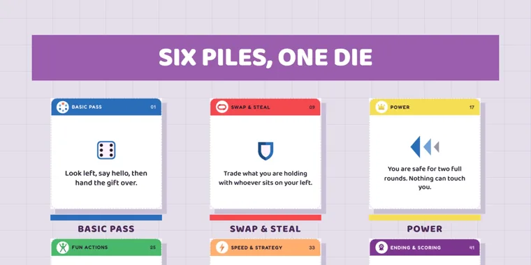Basic Pass, Swap and Steal, and Power cards from the Roll and Swap dice variation, under a Six Piles, One Die heading