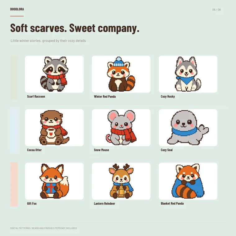 Nine pixel-art winter animals in three rows: a scarf raccoon, winter red panda, cozy husky, cocoa otter, snow mouse, cozy seal, gift fox, lantern reindeer and blanket red panda