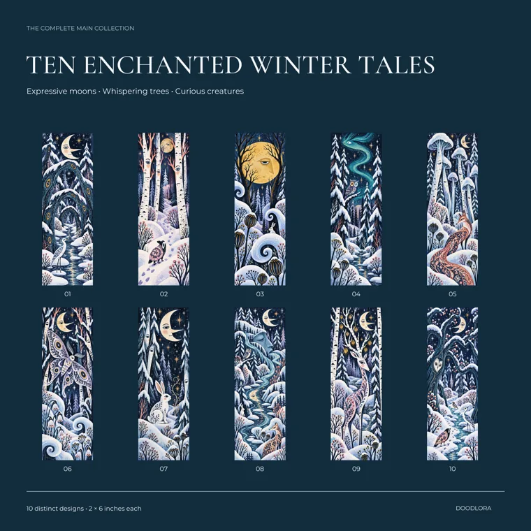 Ten tall winter forest bookmarks in two rows on navy, numbered 01 to 10, with crescent moons, birch trees, an owl, a fox, a white hare and a deer in the snow