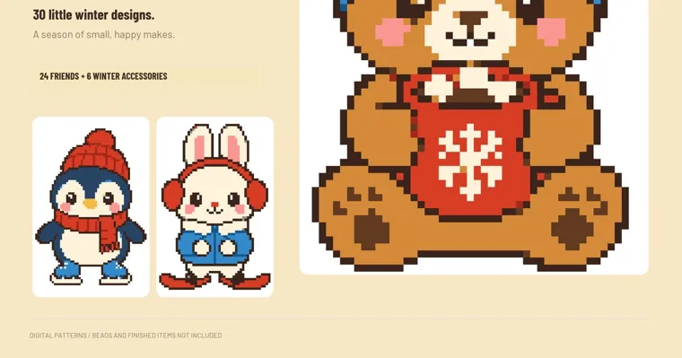 Pixel-art fuse bead designs of a penguin in a red hat and scarf, a bunny in red earmuffs on skis and a bear holding a red snowflake mug, beside the words 30 little winter designs