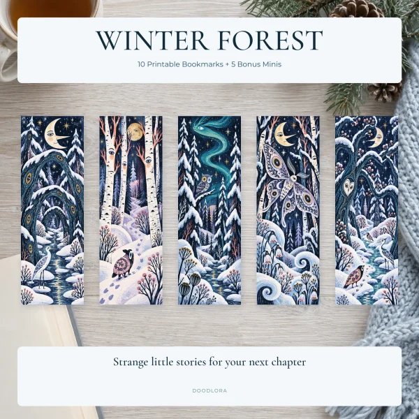 Five winter forest bookmarks in a row with crescent moons, white birches, a green aurora and a large patterned moth, on a wooden table with pine cones