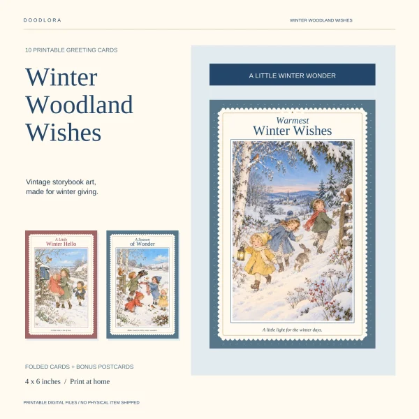 The Warmest Winter Wishes card with children and a rabbit running down a snowy hill, one holding a lantern, beside the Winter Hello and Season of Wonder cards