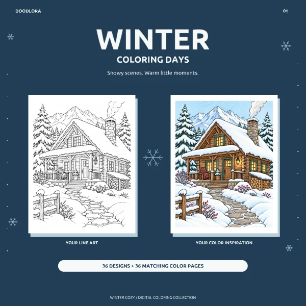 Winter Coloring Days title over a snowy log cabin page shown as line art and as a colored version with lit windows and a stone path