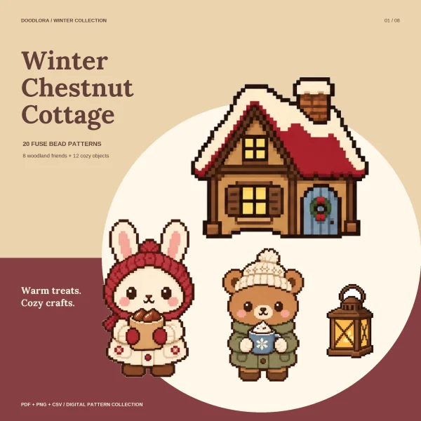A log cottage with a snow-covered red roof, a bunny in a red knit hood holding chestnuts, a bear in a bobble hat with cocoa, and a lantern