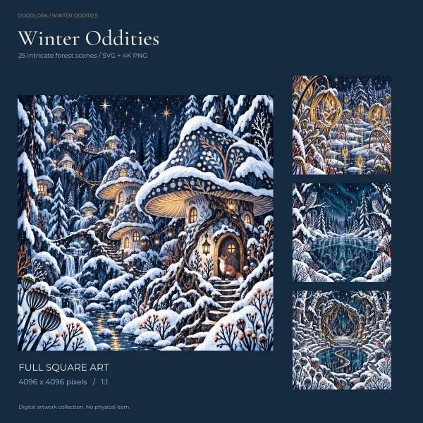 Winter forest scene of snow-covered mushroom houses with lit windows and a fox at a round door, with three smaller scenes beside it