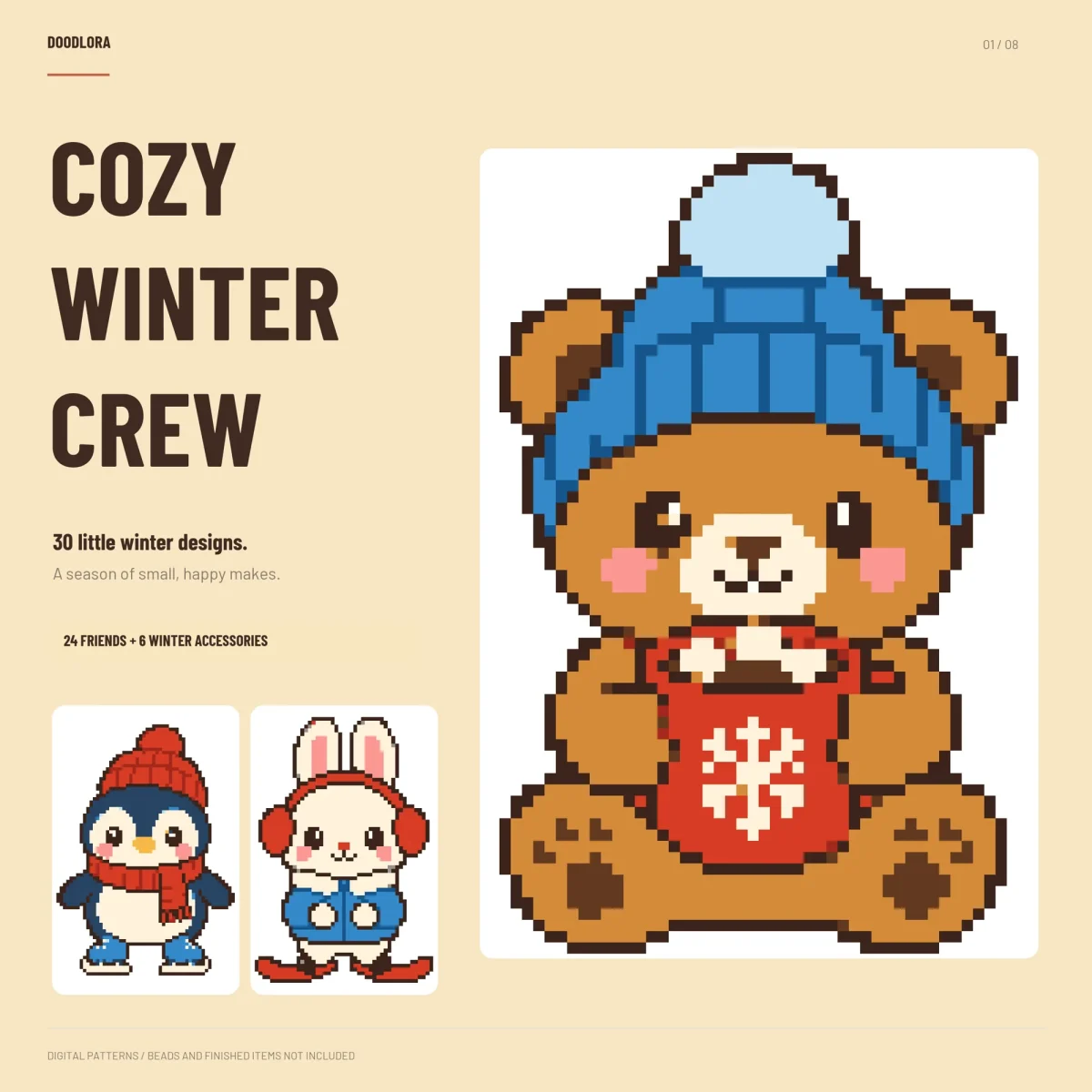 A pixel bear in a blue pompom hat holding a red snowflake mug, with a penguin in a red hat and a bunny in earmuffs on skis below