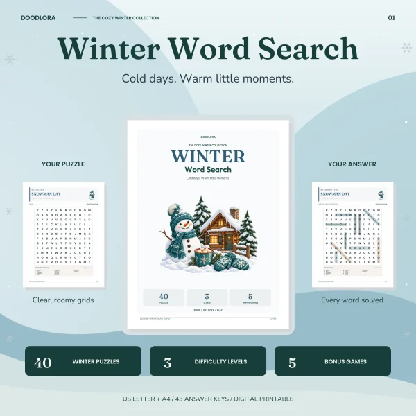 Winter Word Search cover with a snowman, a snowy log cabin, pine trees, mittens and a mug of cocoa, between the Snowman Day puzzle and its answer