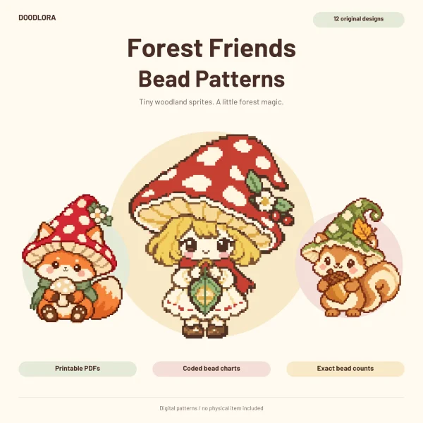 A sprite in a red spotted toadstool hat holding a leaf, between a fox in a toadstool cap and a squirrel in a green pointed hat