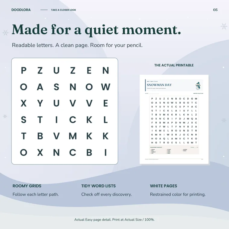 An enlarged six-by-six block of grid letters beside the full Snowman Day Easy page, with its word checklist in small type under the grid