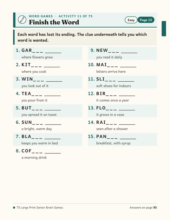 The Finish the Word page with 15 word beginnings such as GAR, KIT and TEA, each followed by three dashes, a line and a short clue