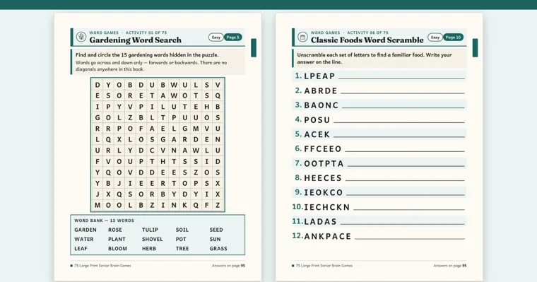 Two large-print word game pages side by side, a Gardening Word Search with a 15-word bank and a Classic Foods Word Scramble with 12 lines