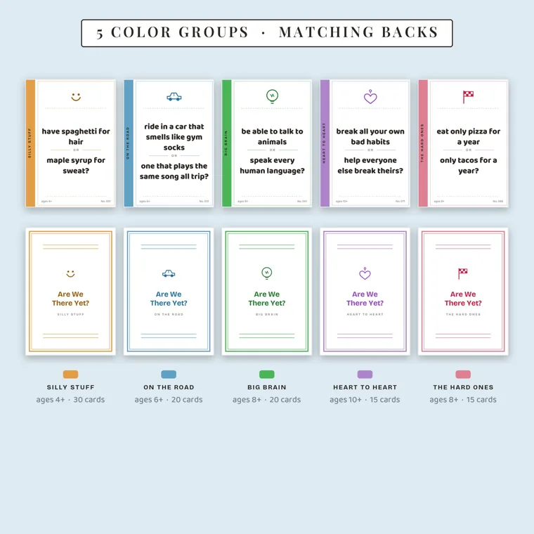 Five road trip question cards in orange, blue, green, purple and red above their matching card backs, labeled ages 4+ with 30 cards, ages 6+ with 20, ages 8+ with 20, ages 10+ with 15 and ages 8+ with 15