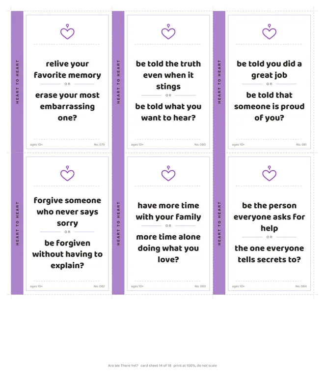 A sheet of six purple Heart to Heart cards marked ages 10+, including be told the truth even when it stings or be told what you want to hear