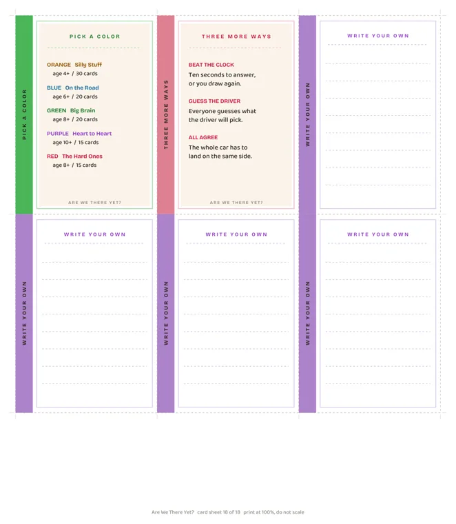 A card sheet with a Pick a Color card listing the five groups and their ages, a Three More Ways card, and four blank Write Your Own cards with dotted lines
