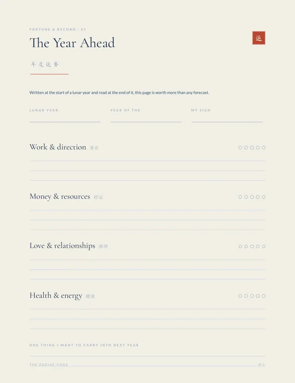 The Year Ahead worksheet from The Zodiac Code, with blanks for the lunar year and sign and four sections for work, money, love and health, each with five rating circles