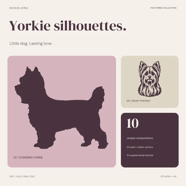 Large standing Yorkie silhouette with a fluffy tail, next to a front-facing Yorkie portrait with a long parted coat